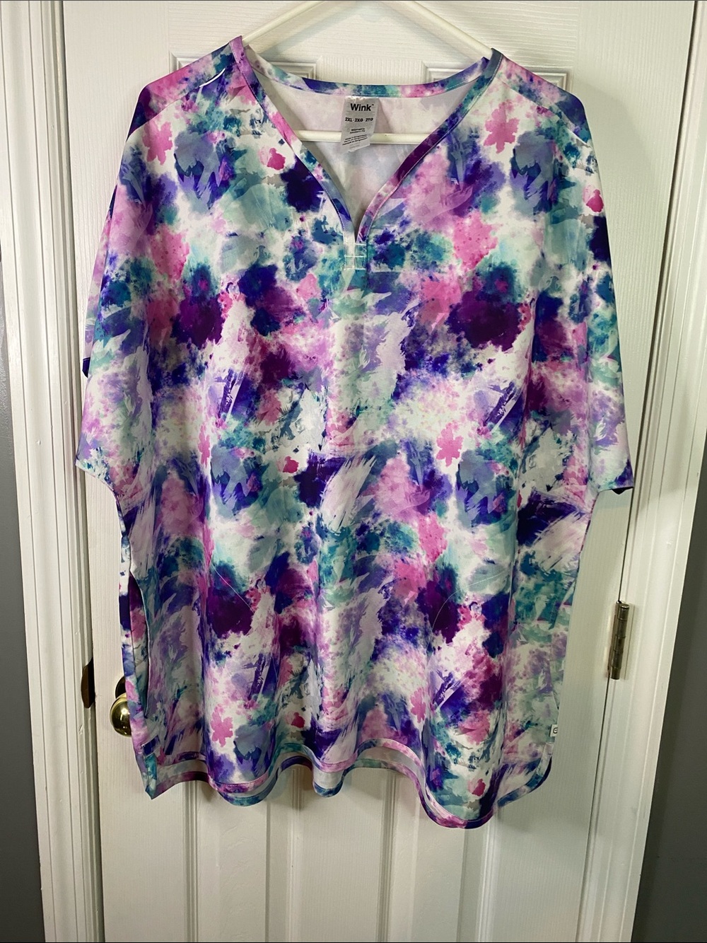 Wink Multicolor Watercolor V-Neck Tunic — Purple, Pink, Teal, White Size 2X.
